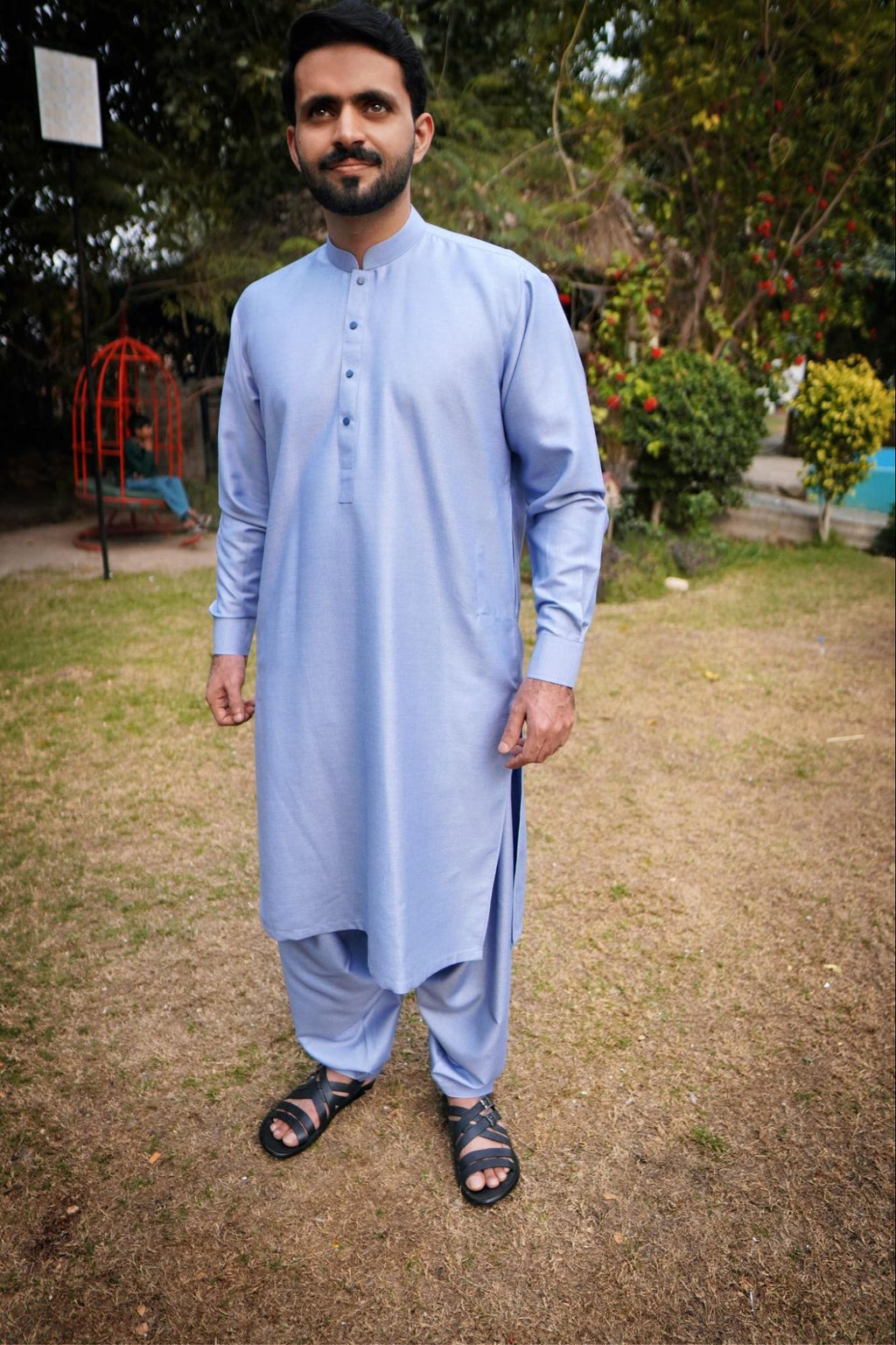 Men’s Premium Shine SKY Blue Self Fabric Design blend Kurta Shalwar –  With Elegant Packing Gift Box.