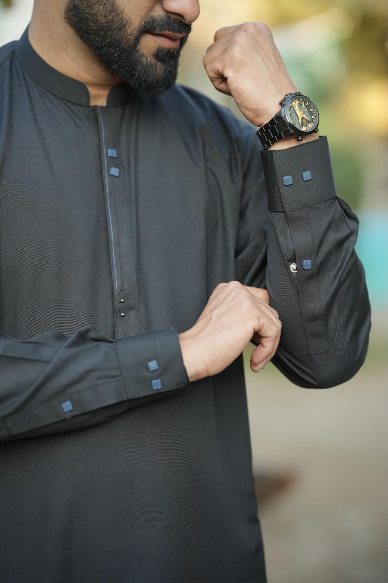 Men’s Premium Solid Black Kurta Suit – Textured Fabric with Contrast Button Placket