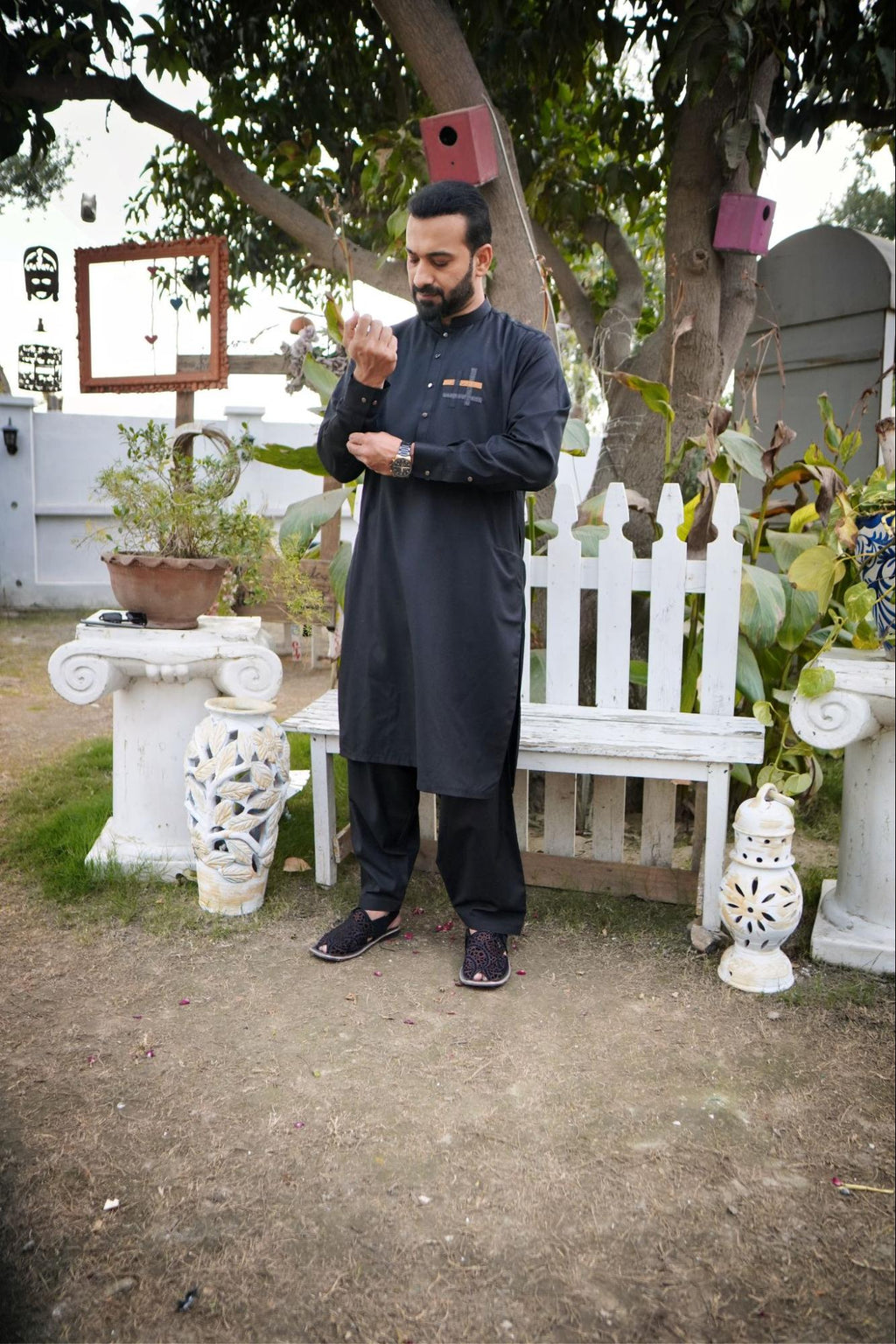 Men’s BLACK Denim Kurta with Emblem Cross Patch.