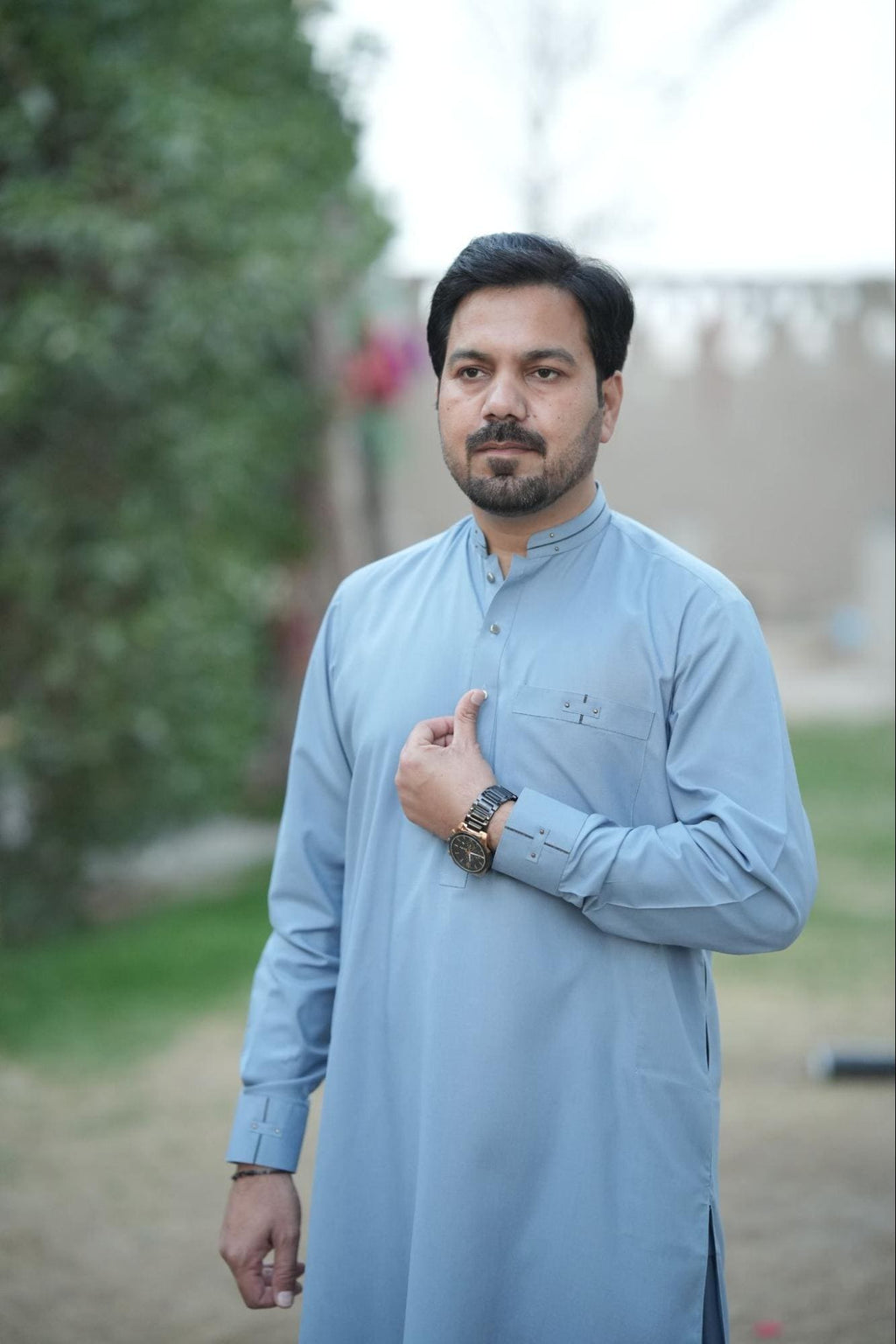 Elite Sky Blue Men’s Kurta – Minimalist Band Collar with Signature Metal Button Accents