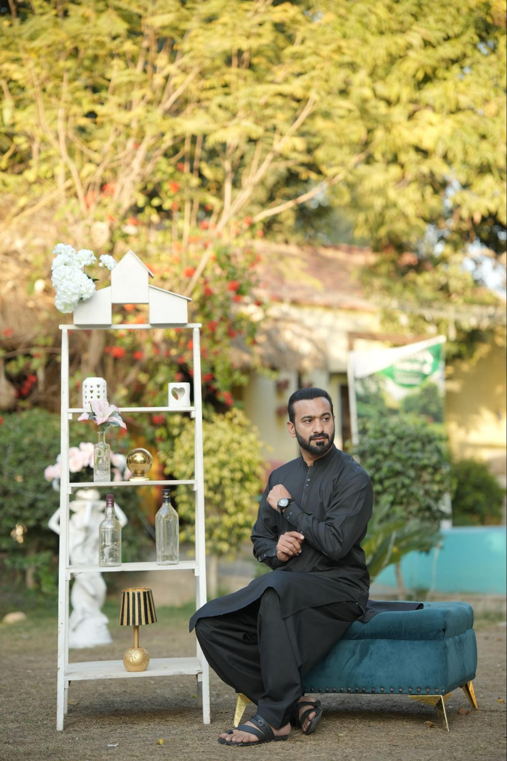 Men’s Premium Solid Black Kurta Suit – Textured Fabric with Contrast Button Placket