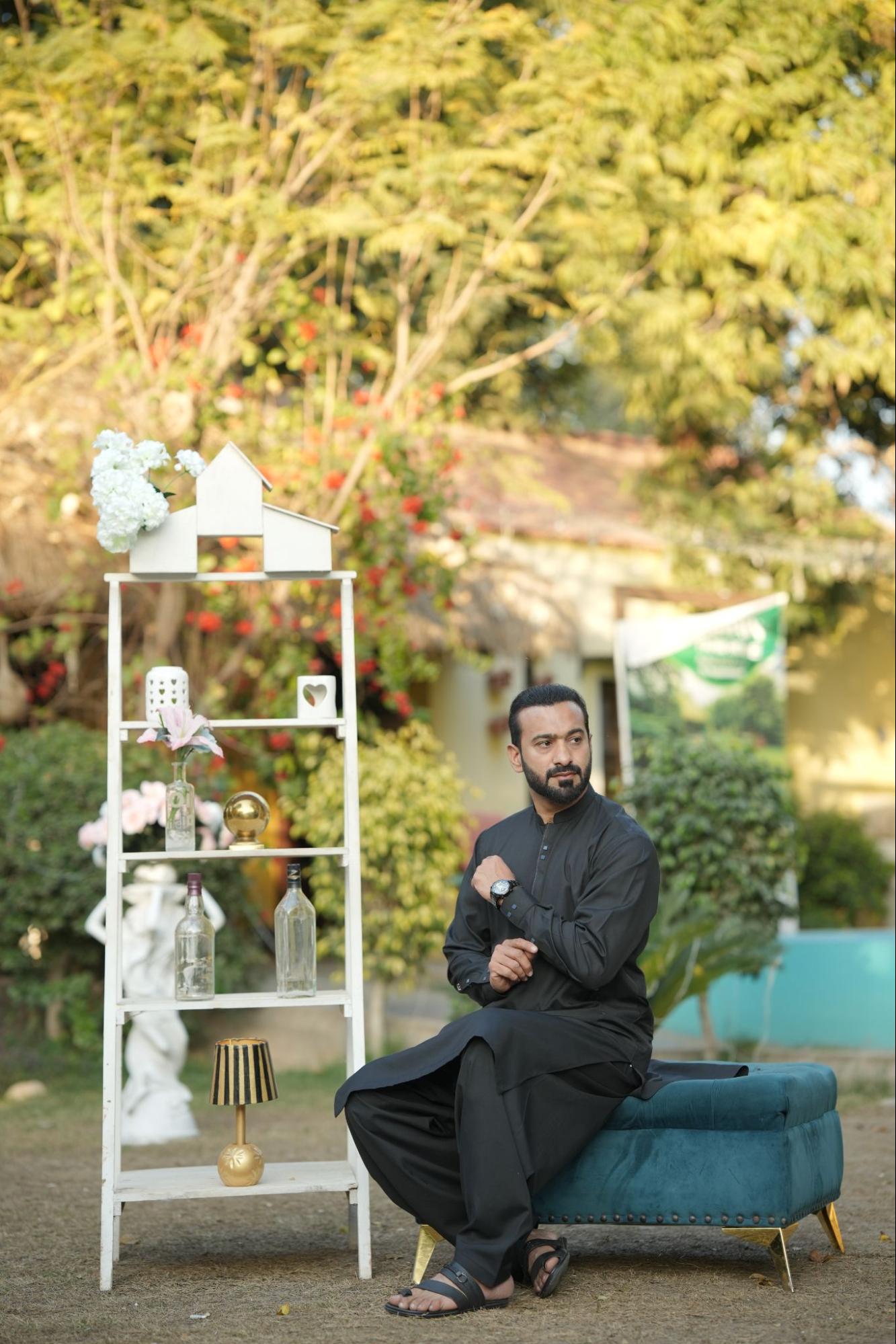 Men’s Premium Solid Black Kurta Suit – Textured Fabric with Contrast Button Placket