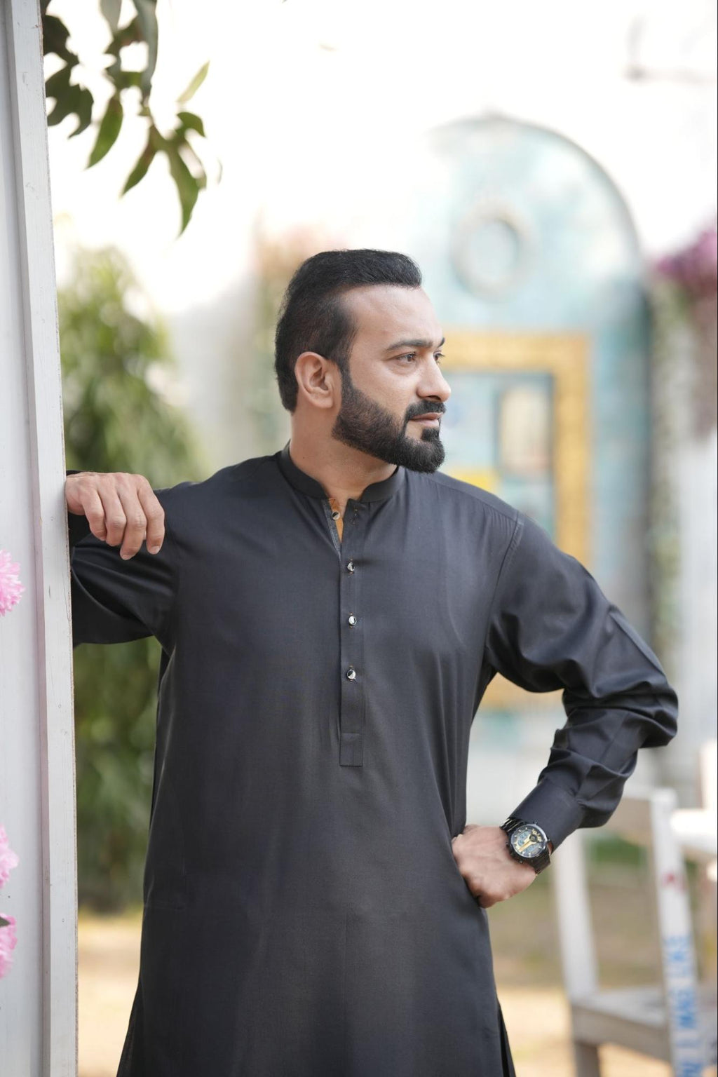 Men’s Premium Black Boski Kurta Suit –  With Dotted Gray + Mustard Contrast Inner Placket & With Packing Gift Box.