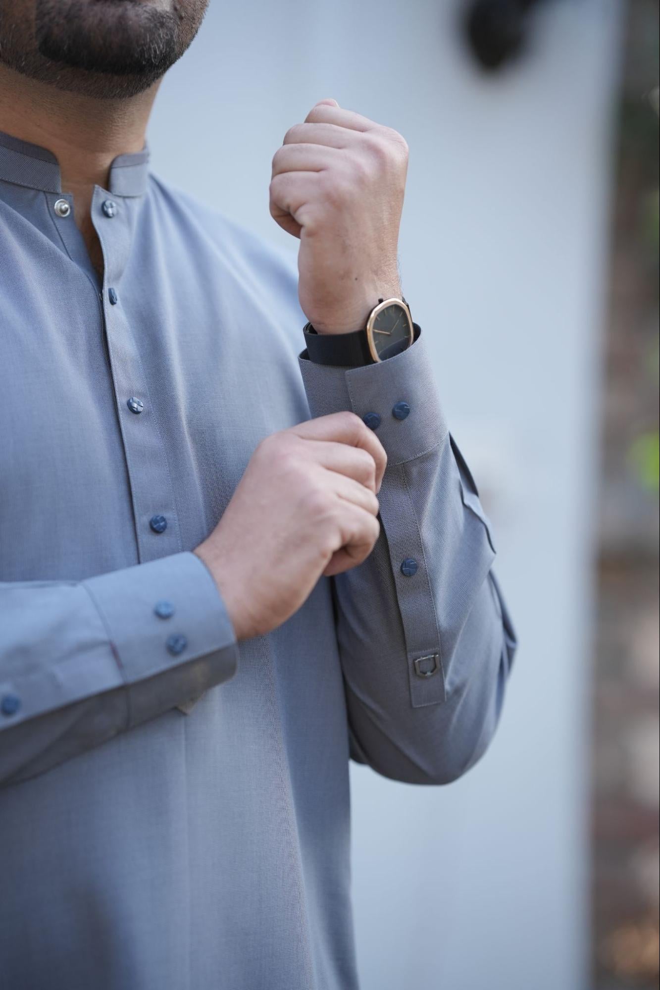 Men’s Premium Gray color Double contrast Band Collar Kurta Suit –  With Packing Gift Box.