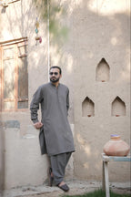 Men’s Premium Charcoal Grey Kurta Suit – Textured Fabric with Contrast Inner Placket With Gift BoX.