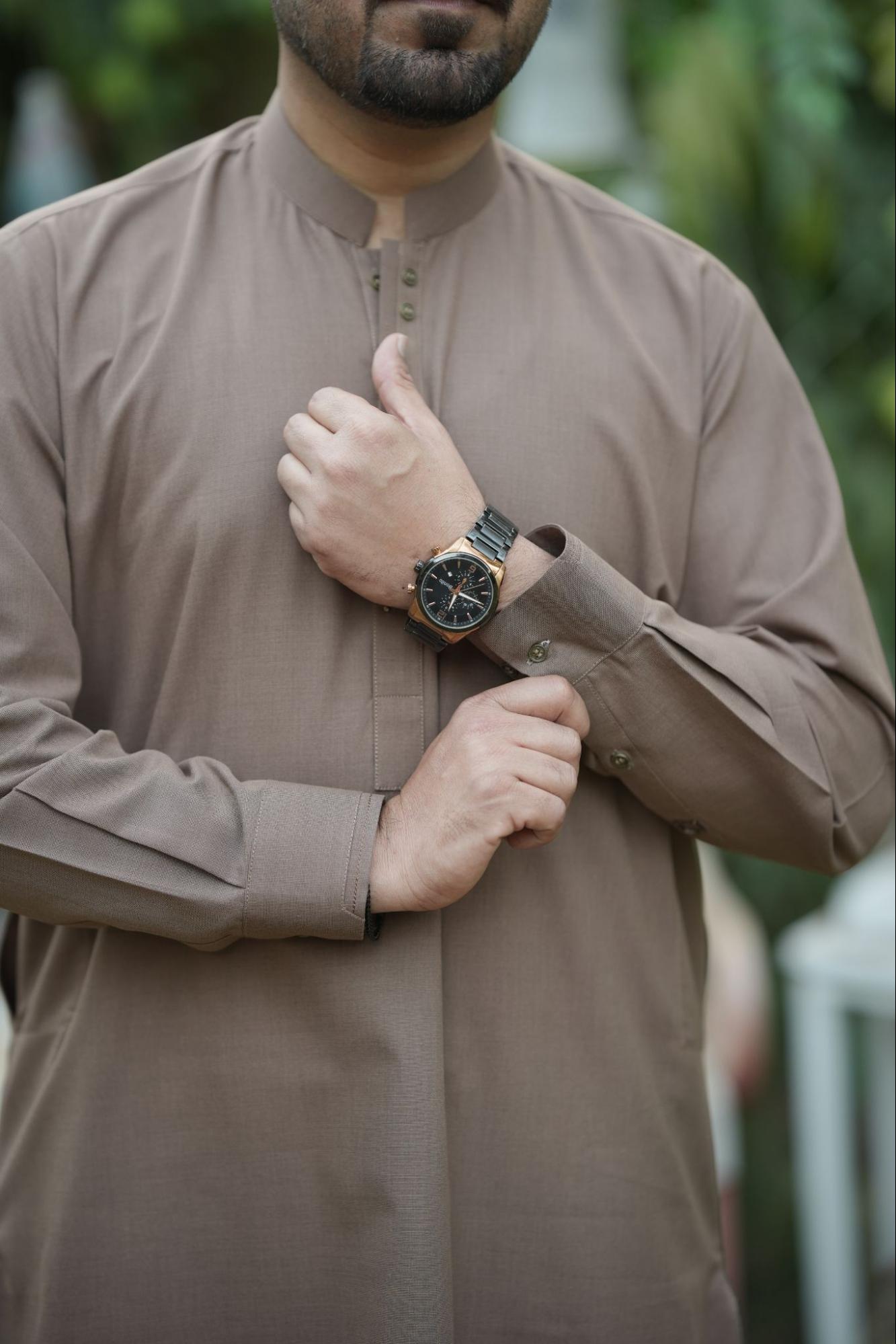 Men’s Premium Textured Kurta Suit – Taupe Brown with Minimal Button Placket with Special Packing Gift BoX