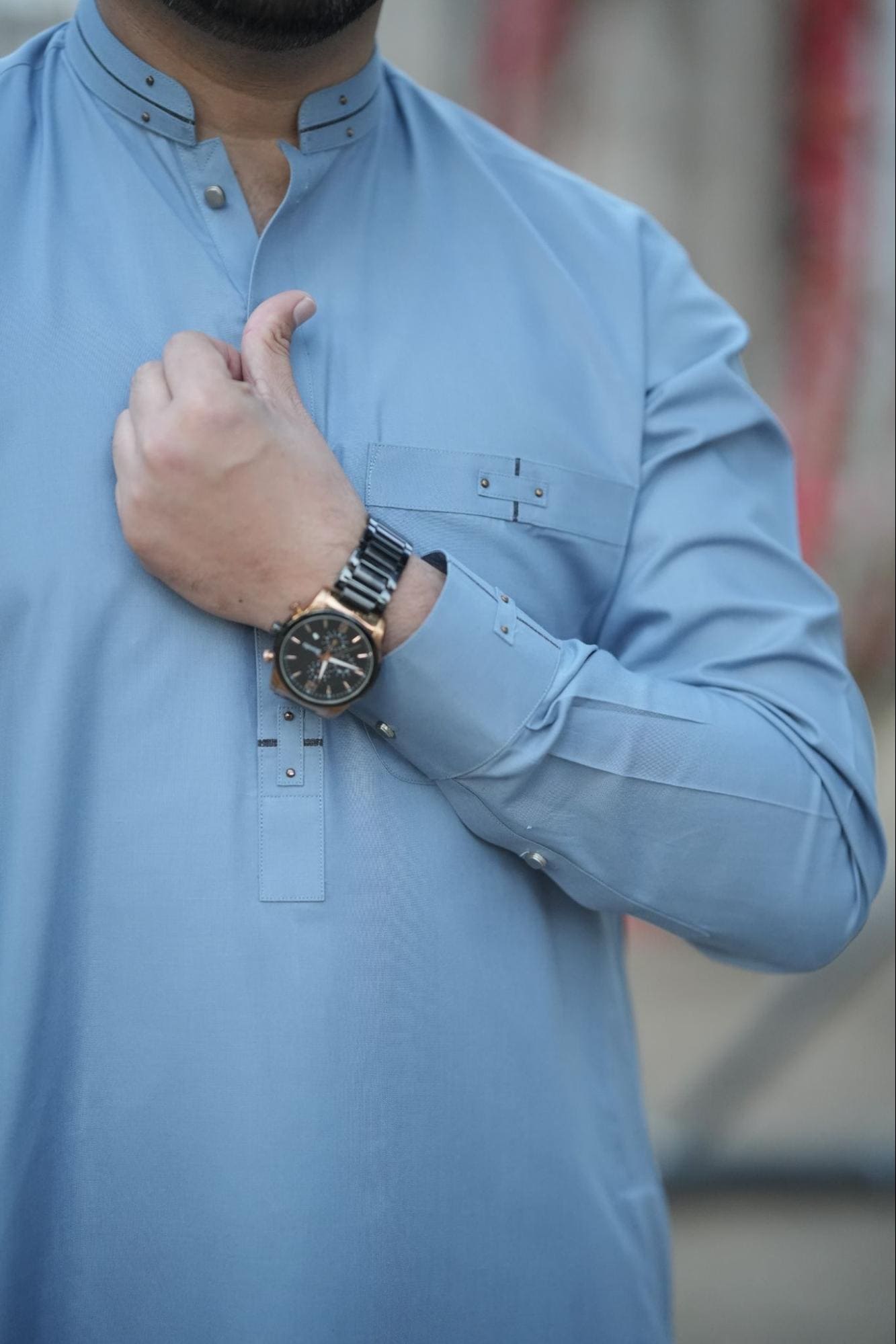 Elite Sky Blue Men’s Kurta – Minimalist Band Collar with Signature Metal Button Accents