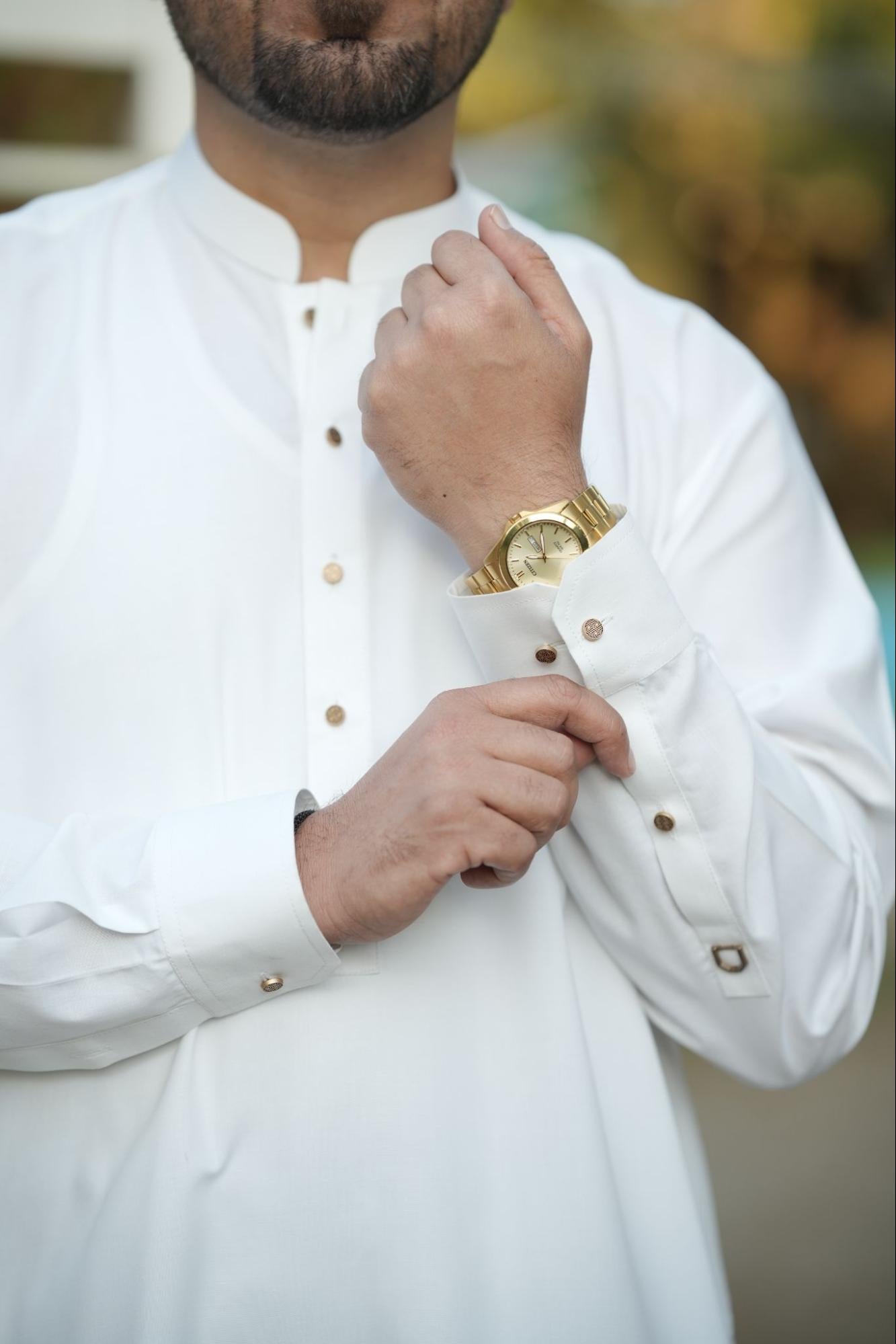Men’s Premium Off white With Mate Gold Button Edition Kurta Shalwar.