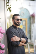 Men’s Premium Black Boski Kurta Suit –  With Dotted Gray + Mustard Contrast Inner Placket & With Packing Gift Box.