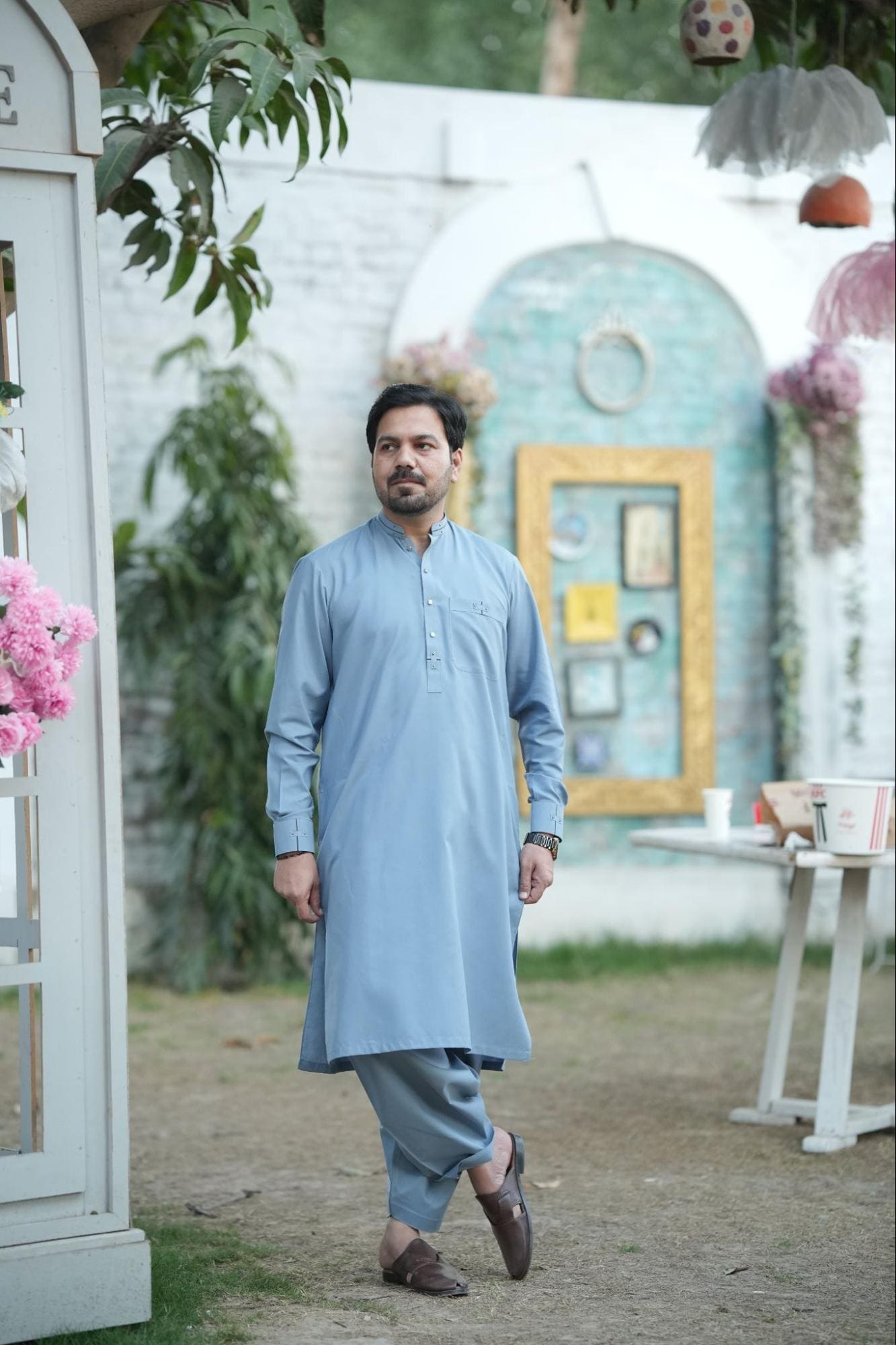 Elite Sky Blue Men’s Kurta – Minimalist Band Collar with Signature Metal Button Accents