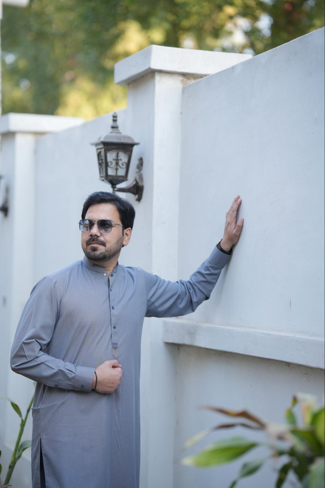 Men’s Premium Gray color Double contrast Band Collar Kurta Suit –  With Packing Gift Box.