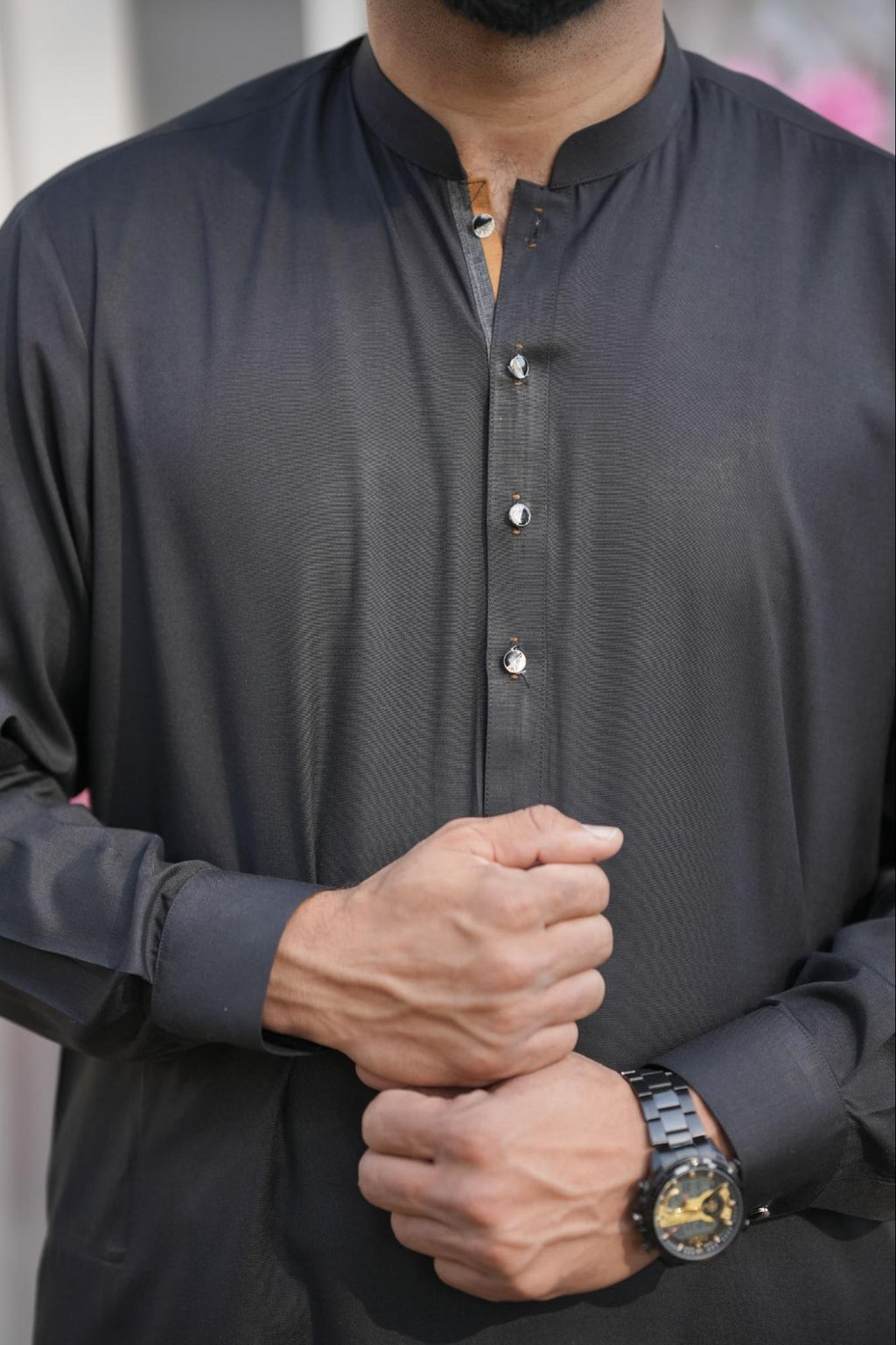Men’s Premium Black Boski Kurta Suit –  With Dotted Gray + Mustard Contrast Inner Placket & With Packing Gift Box.