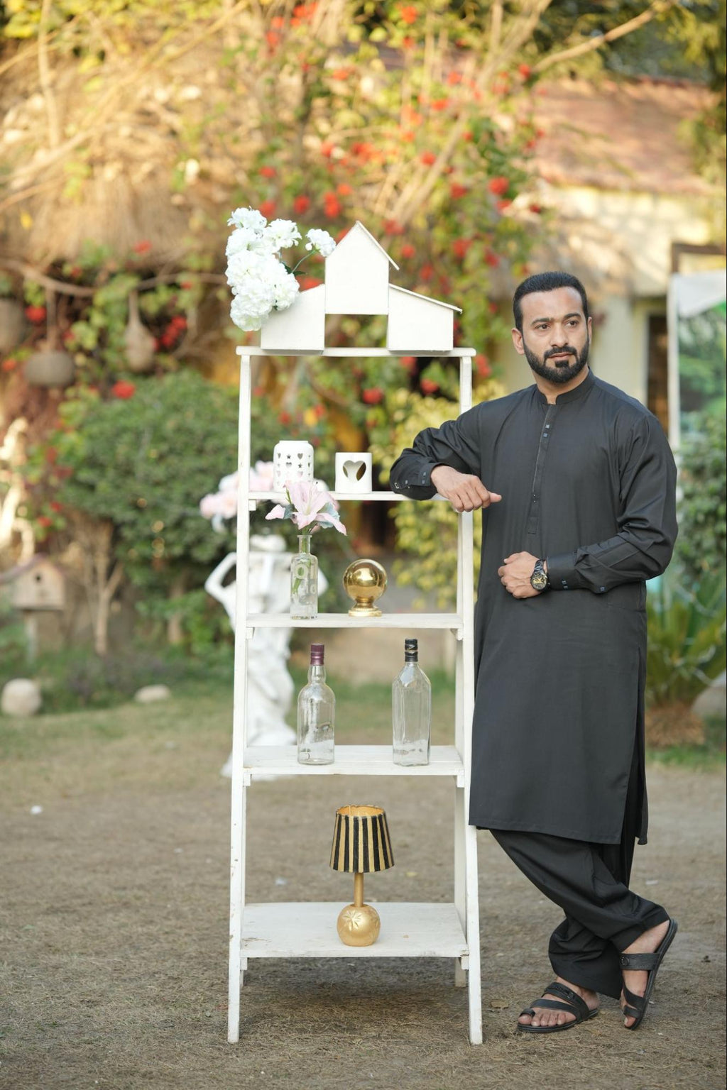 Men’s Premium Solid Black Kurta Suit – Textured Fabric with Contrast Button Placket