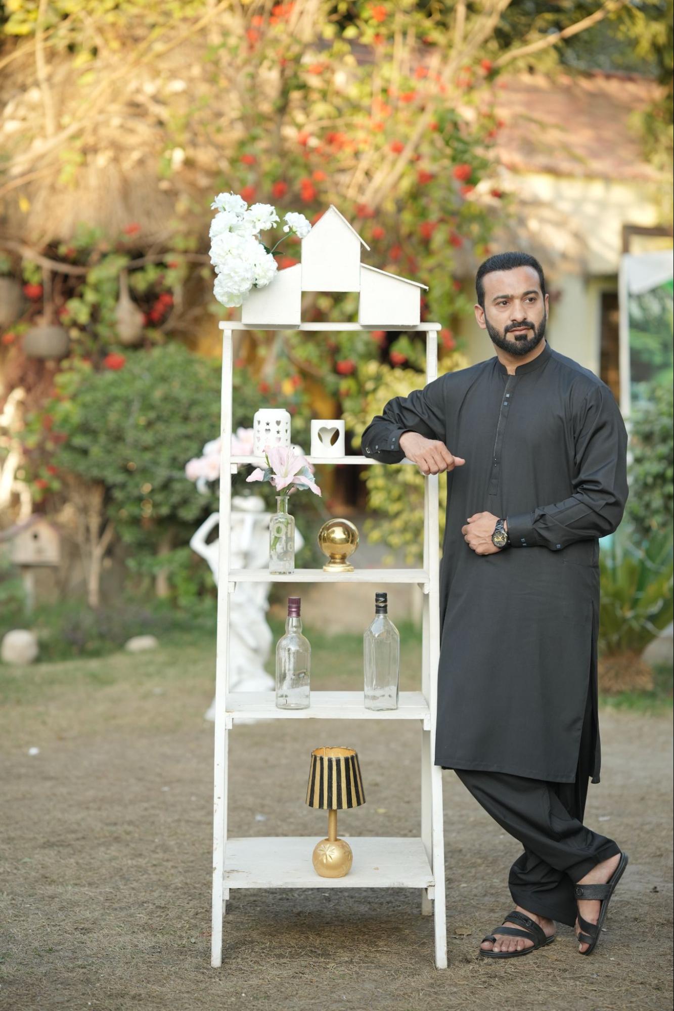 Men’s Premium Solid Black Kurta Suit – Textured Fabric with Contrast Button Placket