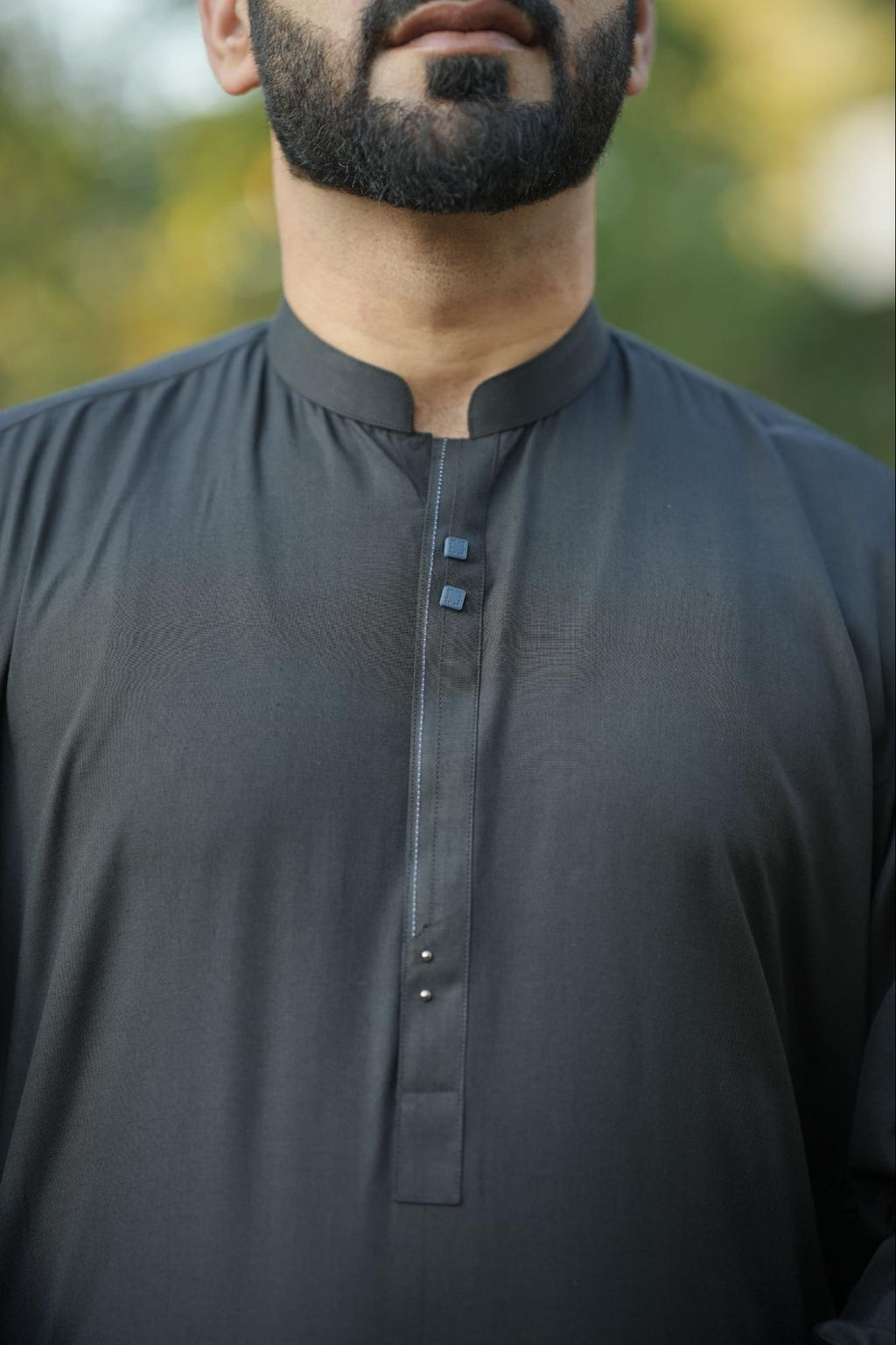Men’s Premium Solid Black Kurta Suit – Textured Fabric with Contrast Button Placket