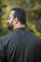 Men’s Premium Solid Black Kurta Suit – Textured Fabric with Contrast Button Placket