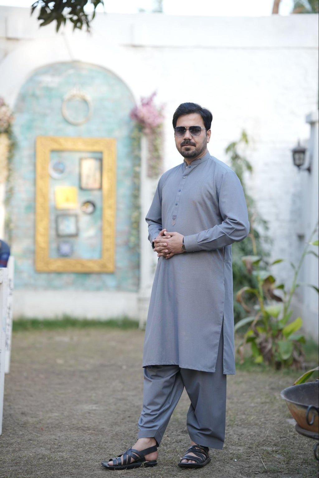 Men’s Premium Gray color Double contrast Band Collar Kurta Suit –  With Packing Gift Box.