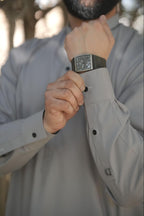 Men’s Premium Ash Gray Kurta Suit –  With Contrast Dark Gray Ban Design Buttons.