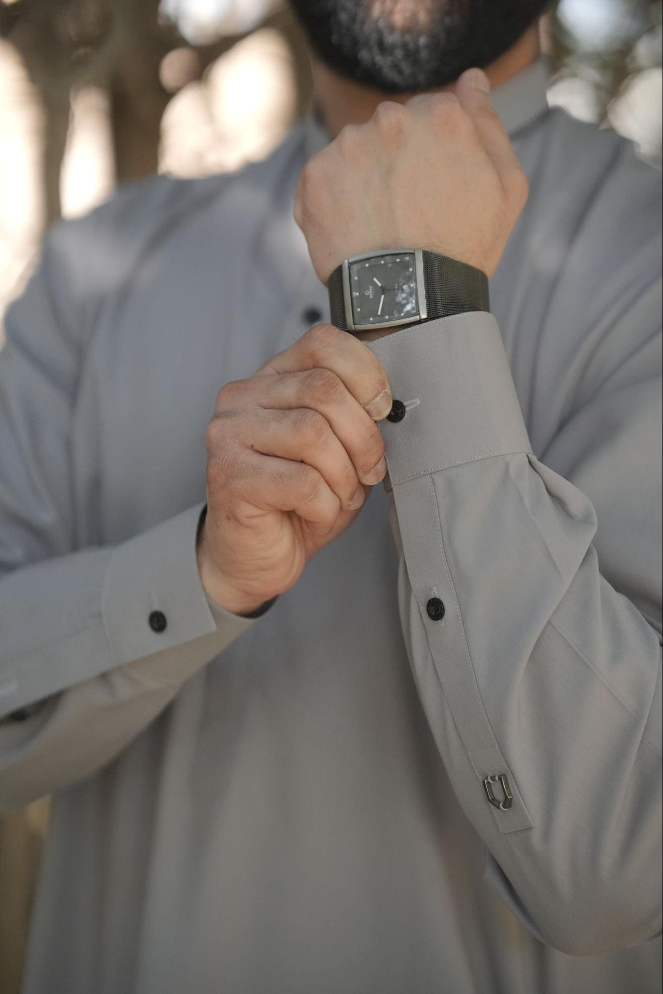 Men’s Premium Ash Gray Kurta Suit –  With Contrast Dark Gray Ban Design Buttons.