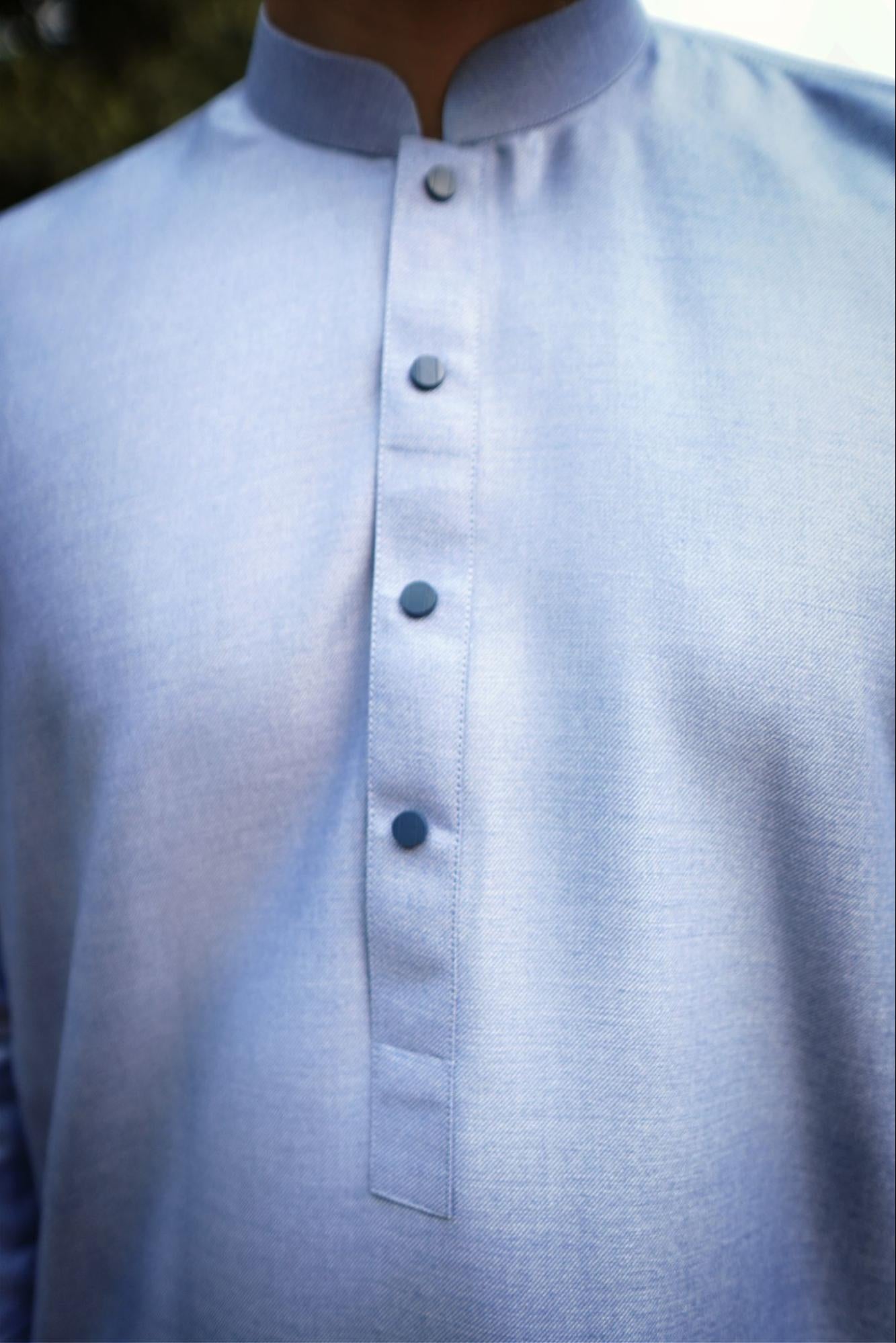 Men’s Premium Shine SKY Blue Self Fabric Design blend Kurta Shalwar –  With Elegant Packing Gift Box.